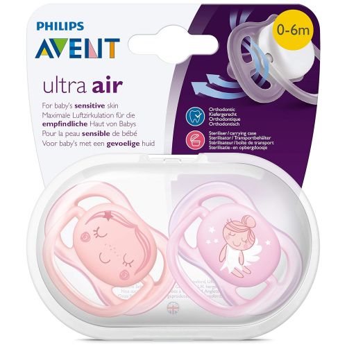 필립스 Philips Avent Ultra Air Dummies, 0 6 Months, Maximal Air Circulation, Twin Pack, with Motif Girls
