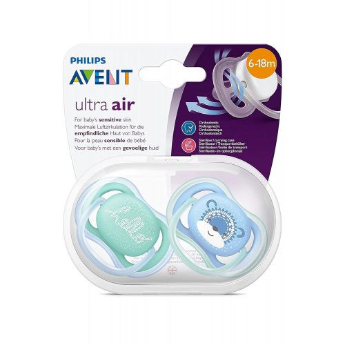 필립스 Philips Avent Ultra Air Dummy 2018 6 18 Months Set of 4 Hello Boy with 2 Sterilising Transport Boxes