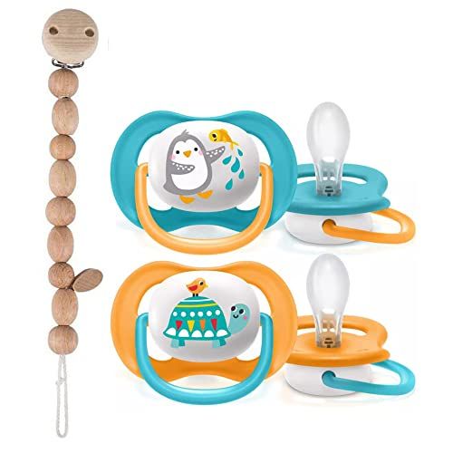 필립스 Philips Avent Ultra Air Dummy 6 18 Inch Snow Bear Set of 2 Including Sterilising Transport Box and Heimess Wooden Dummy Chain Elephant Blue