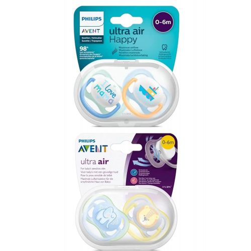 필립스 Philips Avent Dummy Ultra Air // New 2018 // 0 6 months // Set of 4 // Includes 2 Sterilised Transport Boxes