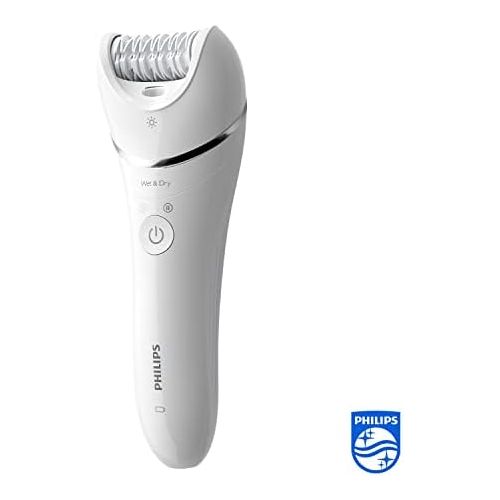 필립스 Philips Series 8000 BRE715/00 Epilierer fuer Frauen, Leistungsstarke und sanfte Epilation fuer bis zu 4 Wochen glatte Haut, inkl. 5 Aufsatze, kabellos mit Nass und Trockenfunktion