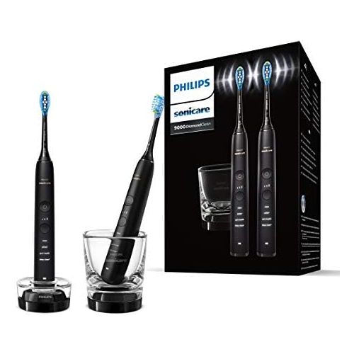 필립스 Philips Sonicare DiamondClean 9000 Electric Toothbrush Double Pack HX9914/54 2 Sonic Toothbrushes with 4 Cleaning Programs, Timer and Charging Glass, New Generation, Black + Blac