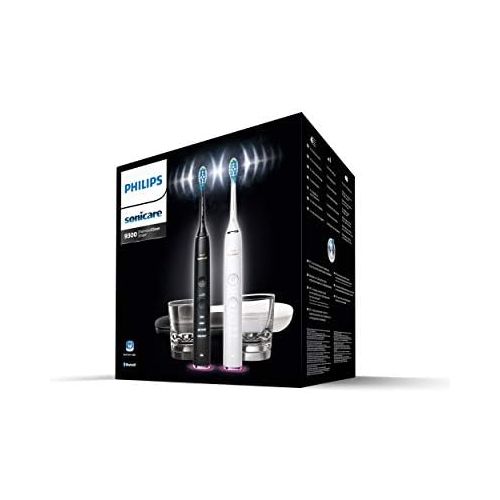 필립스 Philips HX9912/18 Sonicare DiamondClean Smart Electric Toothbrush, Pack of 2 Sonic Toothbrushes, Charging Glass, Travel Case, Pressure Control, Black/White