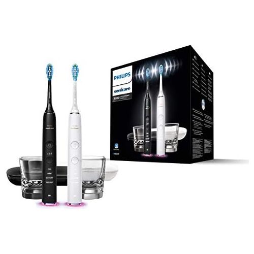 필립스 Philips HX9912/18 Sonicare DiamondClean Smart Electric Toothbrush, Pack of 2 Sonic Toothbrushes, Charging Glass, Travel Case, Pressure Control, Black/White
