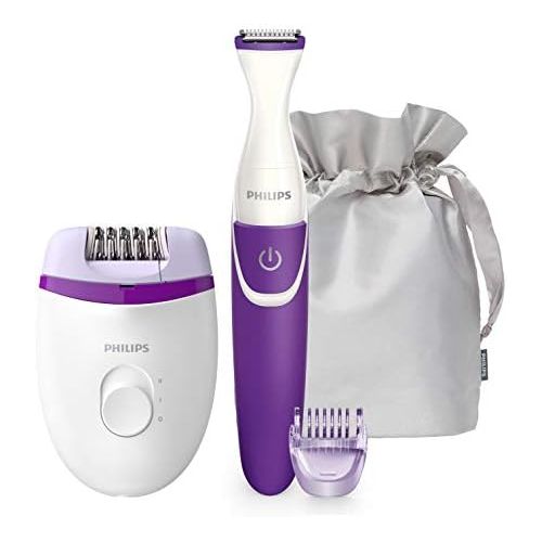 필립스 Philips BRP505/00 Hair Removal Kit for Body and Jersey, 4 Accessories, with Satinelle Essential Electric Epilator, Bikini Trimmer, 3mm Comb Attachment and Luxury Bag