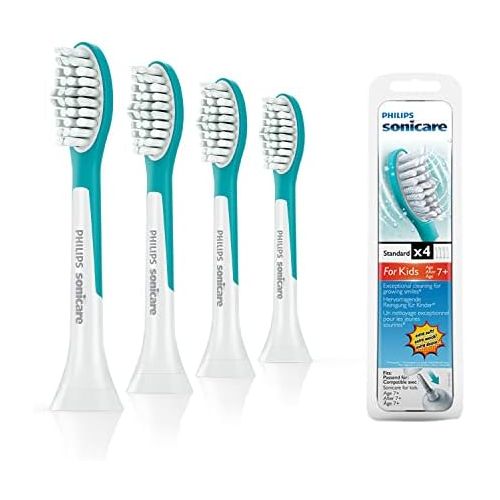 필립스 Philips Sonicare Original Sonicare Replacement Brush Heads for Kids HX6044/33, from 7 Years, Soft Bristles for Gentle Cleaning, Pack of 4, White/Turquoise