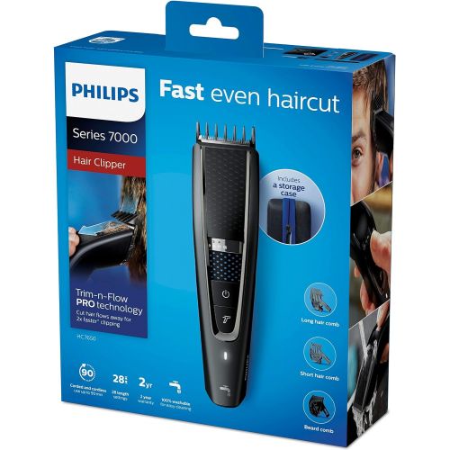 필립스 Philips HC7650 / 15, Hair clipper for home with 28 length settings, 3 Comb attachments, Turbo mode, hairdressing cap, crest, scissors and traveling trees 90min battery life