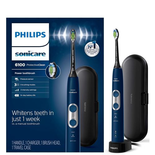 필립스 Philips Sonicare Protective Clean 6100 Whitening Rechargeable Electric Toothbrush With Pressure Sensor and Intensity Settings, Hx687149, Navy Blue, 1 Count