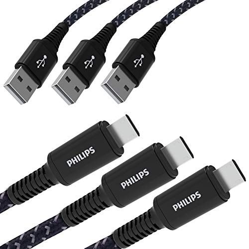 필립스 Philips Micro USB Cable, USB-A to Micro USB Black Braided Nylon Charging Cable, 6Ft, 40X Stronger, Compatible with Samsung Galaxy S6 S7 J7 Note 5, LG, Kindle, Xbox, PS4, Kindle, DL