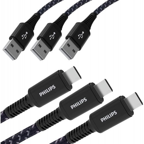 필립스 Philips Micro USB Cable, 3 Pack, USB-A to Micro USB Black Braided Nylon Charging Cable, 6Ft, 40X Stronger, Compatible with Samsung Galaxy S6 S7 J7 Note 5, LG, Kindle, Xbox, PS4, Ki