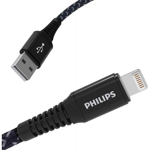 필립스 Philips Lightning Cable, USB-A to Lightning Connector Black Braided Nylon Charging Cable, 6Ft, 40X Stronger, Apple MFi Certified, Compatible with iPhone Xs/Max/XR/X/ 8/Plus, DLC430