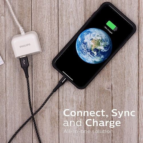 필립스 Philips Lightning Cable, USB-A to Lightning Connector Black Braided Nylon Charging Cable, 6Ft, 40X Stronger, Apple MFi Certified, Compatible with iPhone Xs/Max/XR/X/ 8/Plus, DLC430