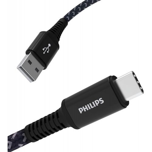 필립스 Philips USB Type C Cable, USB-A to USB-C Black Nylon Braided Fast Charging Cable, 6Ft, 40X Stronger, Compatible with iPad Pro, MacBook Pro, Samsung Galaxy S10 S9 Note 9 8 S8 Plus,