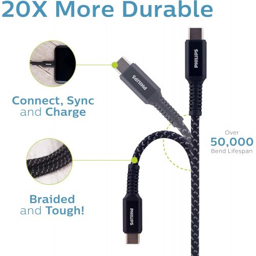 필립스 Philips USB Type C Cable, USB-A to USB-C Black Nylon Braided Fast Charging Cable, 6Ft, 40X Stronger, Compatible with iPad Pro, MacBook Pro, Samsung Galaxy S10 S9 Note 9 8 S8 Plus,