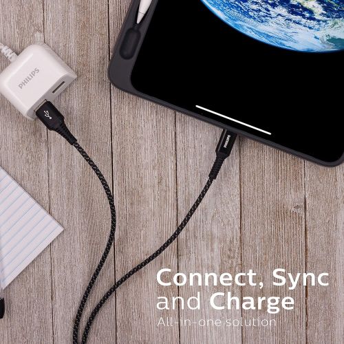 필립스 Philips USB Type C Cable, USB-A to USB-C Black Nylon Braided Fast Charging Cable, 6Ft, 40X Stronger, Compatible with iPad Pro, MacBook Pro, Samsung Galaxy S10 S9 Note 9 8 S8 Plus,