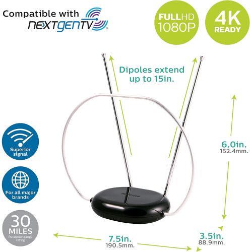 필립스 [아마존베스트]Philips Rabbit Ears Indoor TV Antenna, Dipoles and Circular Loop, Tabletop Antenna, Digital, Smart TV Compatible, HDTV Antenna, 4K 1080P VHF UHF, 5Ft Coaxial Cable, Black, SDV8201B