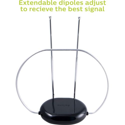 필립스 [아마존베스트]Philips Rabbit Ears Indoor TV Antenna, Dipoles and Circular Loop, Tabletop Antenna, Digital, Smart TV Compatible, HDTV Antenna, 4K 1080P VHF UHF, 5Ft Coaxial Cable, Black, SDV8201B