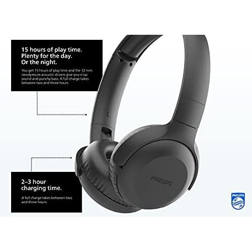  [아마존베스트]Philips Audio On-Ear Headphones UH202BK/00 Bluetooth On Ears (Wireless, 15 Hour Battery, Soft Ear Pads, Microphone, Foldable) Black TAUH202BK/00 One Size
