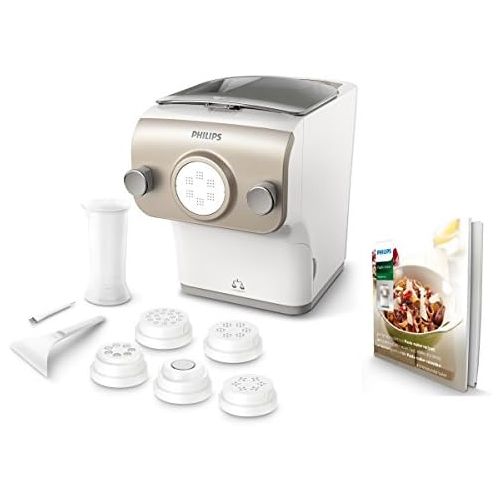 필립스 Philips HR2381/05 Pastamaker (200 Watt, vollautomatische Nudelmaschine, mit Wiegefunktion und 6 Formscheiben) weiss /champagnerfarben