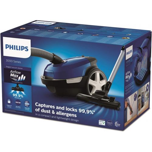 필립스 [아마존베스트]Philips Performer XD3110/09 Compact Vacuum Cleaner with Bag Series 3000 99.9% Dust Absorption 900 W Allergy Filter Blue