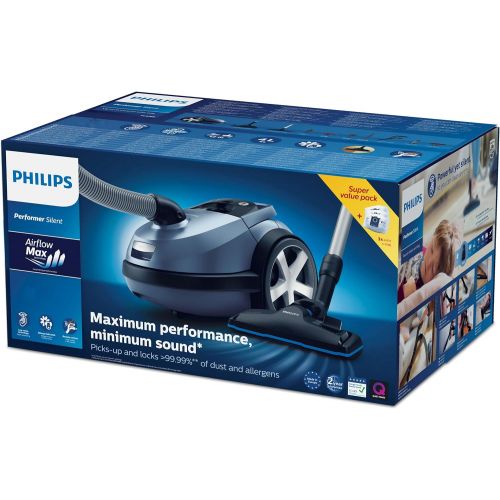 필립스 Philips Domestic Appliances Philips Performer Silent FC8786/09 Vacuum Cleaner with Bag (Ultra Quiet, 750 Watt, 4 L Vacuum Bag Volume, Allergy Set, Parquet Nozzle) Blue