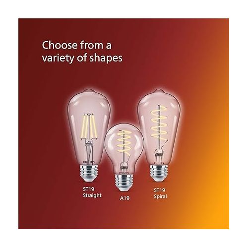  Philips LED Vintage Flicker-Free Clear Spiral ST19 Bulb - Soft White 2700K - 4 Pack - 8W=75W - 800 Lumen - E26 Base - Dimmable - Eye Comfort Technology