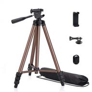 Phinistec 50 Phone Tripod Stand for Smartphone, Camera, iPhone, Webcam, Gopro with Universal Cell Phone Mount, Bluetooth Remote, Gopro Adapter and Bag (Matte Brown)