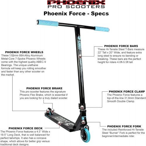  Phoenix Pro Scooters Phoenix Force Pro Scooter - Beginner Intermediate Stunt Trick Scooter - 110mm Alloy Core Wheels - Freestyle Kick Scooter for Kids Teens Adults