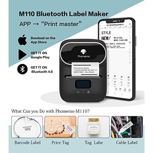  [아마존베스트]Phomemo M110S Label Maker- Mini Portable Bluetooth Thermal Label Printer for Barcode, Clothing, Jewelry, Retail, Mailing, Business, Compatible with Android & iOS, Black