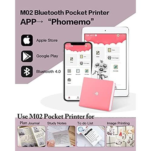  [아마존베스트]Phomemo M02 Pocket Printer Thermal Photo Printer Portable Mini Bluetooth Printer Compatible with Android and iOS System with 1 Paper Roll and Paper Holder for Journal, Travel, Dail