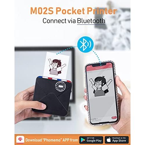  [아마존베스트]Phomemo M02S Mini Wireless Bluetooth 4.0 Printer Pocket Printer Thermal Photo Printer Portable Receiving Printer Compatible with iOS & Android Devices for Study Travel Fun Work Bla