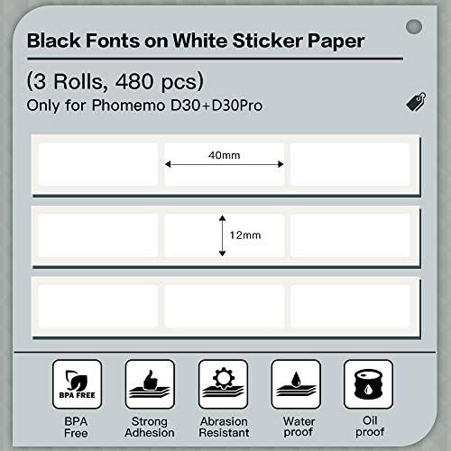  [아마존베스트]Phomemo D30 Thermal Printer Paper Roll - Waterproof Printing Paper 12 x 40 mm / 0.47 x 1.57 Inch Self-Adhesive White for Wireless Portable Thermal Printer, 3 Rolls