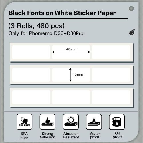  [아마존베스트]Phomemo D30 Thermal Printer Paper Roll - Waterproof Printing Paper 12 x 40 mm / 0.47 x 1.57 Inch Self-Adhesive White for Wireless Portable Thermal Printer, 3 Rolls