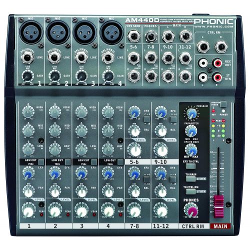  Phonic Analog Mixer with 4 MicLine Inputs, 4 Stereo Inputs, Digital FX with 16 presets (AM440D)