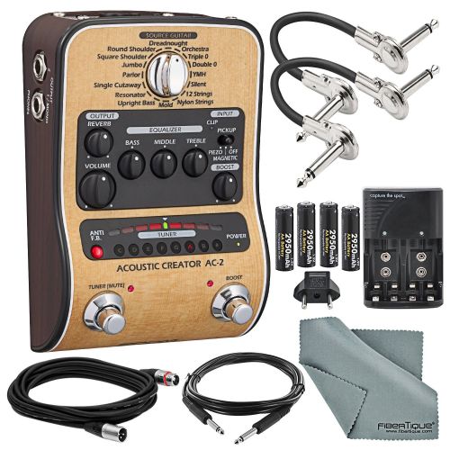  Photo Savings Zoom AC-2 Acoustic Guitar Effect Pedal and Accessory Bundle with Cables + Spare Batteries & Charger + Fibertique Cloth