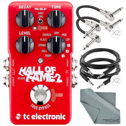  Photo Savings TC Electronic Hall of Fame 2 Reverb Effects Pedal for Electric Guitars and Accessory Bundle w/Cables + Fibertique Cloth