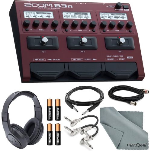  Photo Savings Zoom B3n Multi-Effects Processor for Bassists Bundle with XLR, TRS & Guitar Patch Cable + Headphones + Batteries + FiberTique Cloth