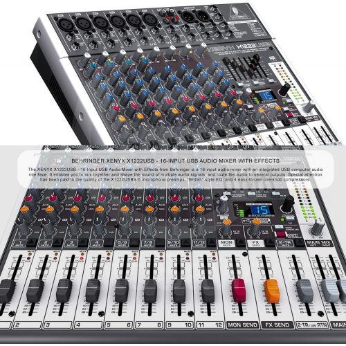  Photo Savings Behringer XENYX X1222USB 16-Input USB Audio Mixer with Effects and Accessory Bundle w/Adapter + 4X Xpix Pro Cables + More