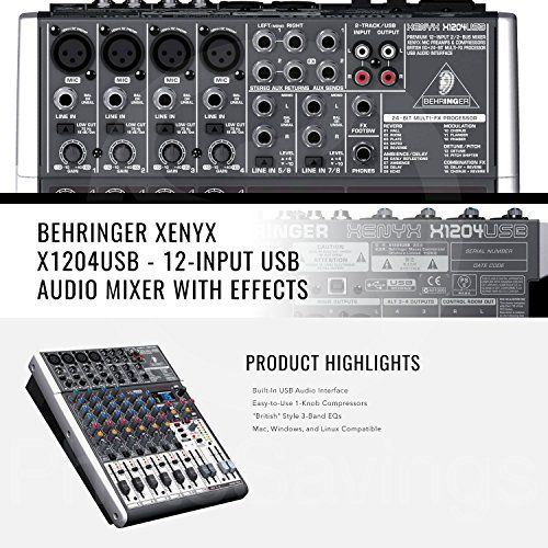  Photo Savings Behringer XENYX X1204USB 12-Input USB Audio Mixer with Effects and Dynamic Microphone, Closed-Back Headphones, Deluxe Bundle