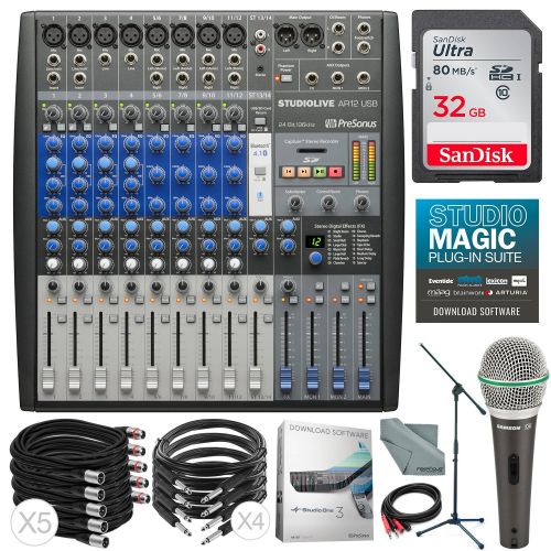  Photo Savings PreSonus StudioLive AR12 USB 14-Channel Hybrid Performance and Recording Mixer & Deluxe Accessory Bundle w Samson Q6 Mic + Mic Boom Stand + Xpix Pro Cables + More
