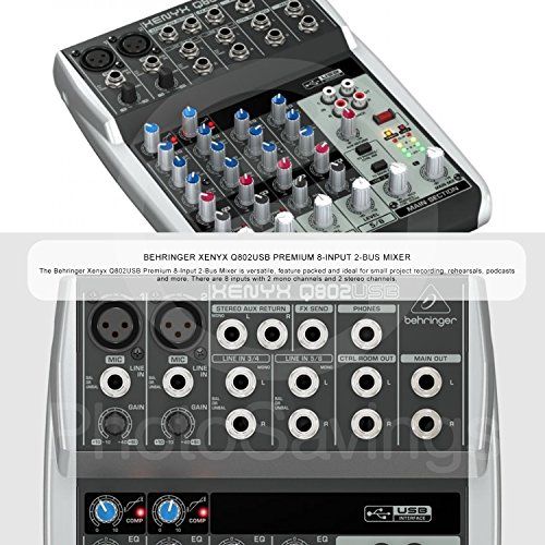  Photo Savings Behringer Xenyx Q802USB Premium 8-Input 2-Bus Mixer and Deluxe Bundle with Closed-Back Headphones + 7X Cables + Fibertique Cloth