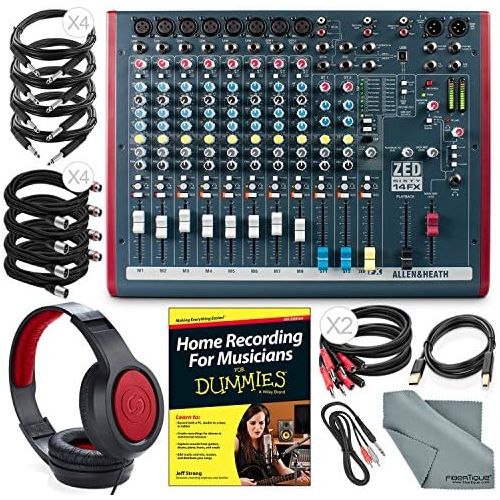  Photo Savings Allen & Heath ZED60-14FX Compact Live & Studio Mixer with Digital FX and USB Port + Deluxe Bundle w Headphones, Home Recording for Musicians, Fibertique Cloth, 12X Cables