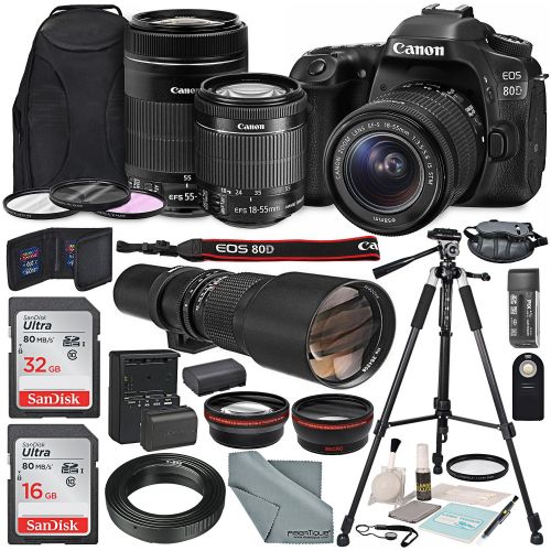  Photo Savings Canon EOS 80D DSLR Camera with EF-S 18-55mm f3.5-5.6 IS STM Lens & EF-S 55-250mm f4-5.6 IS STM Lens and 500mm f8 Manual Focus Telephoto Lens + T-Mount Adapter along with Deluxe