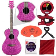 Photo Savings Daisy Rock Pixie AcousticElectric Guitar, Pink Sparkle with Instrument Tuner, Guitar Pick, and Accessory Bundle