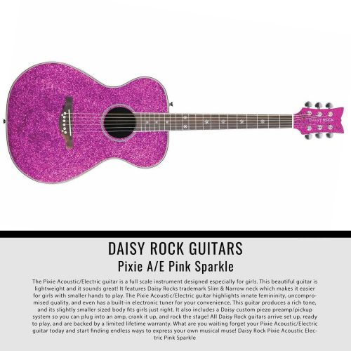  Photo Savings Daisy Rock Pixie AcousticElectric Guitar, Pink Sparkle with Instrument Tuner, Guitar Pick, and Accessory Bundle