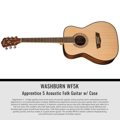  Photo Savings Washburn Apprentice 5 Series AF5K Folk Acoustic Guitar with Guitar Strings, Tuner, and Accessory Bundle