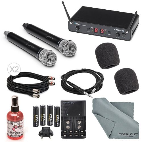  Photo Savings Samson Concert 288 Presentation Dual Handheld Wireless Microphone System (UHF H-Band) Deluxe Bundle W 2x Microphone Muffs + Cables + Microphone Sanitizer + FiberTique Cleaning Clo