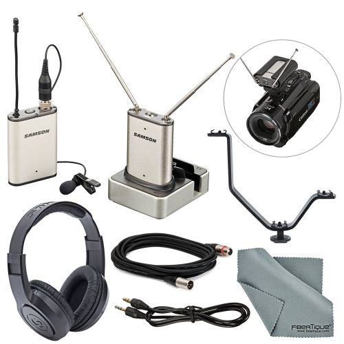  Photo Savings Samson Airline Micro Wireless Camera System Bundle with Samson Stereo Headphones + V Bracket + XLR & Aux Cable + Fibertique Cleaning Cloth