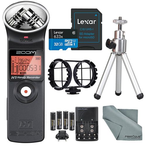  Photo Savings Zoom H1 Portable Digital Audio Recorder Deluxe Bundle with Shockmount + Mini Tripod + 32GB + Batteries & Charger+ Fibertique Cloth