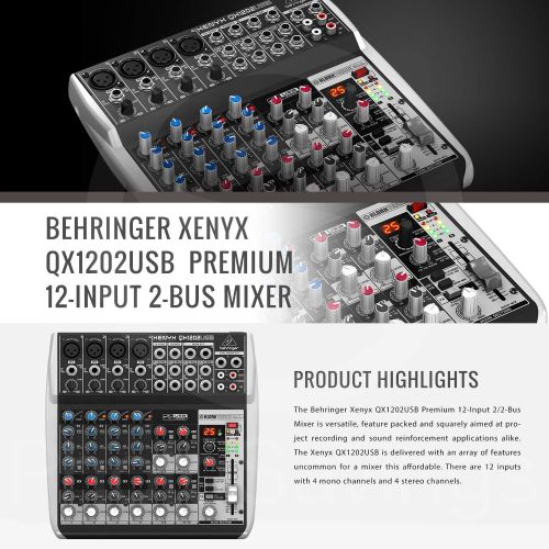  Photo Savings Behringer Xenyx QX1202USB Premium 12-Input 2-Bus Mixer with Headphones and Assorted Cables Deluxe Bundle